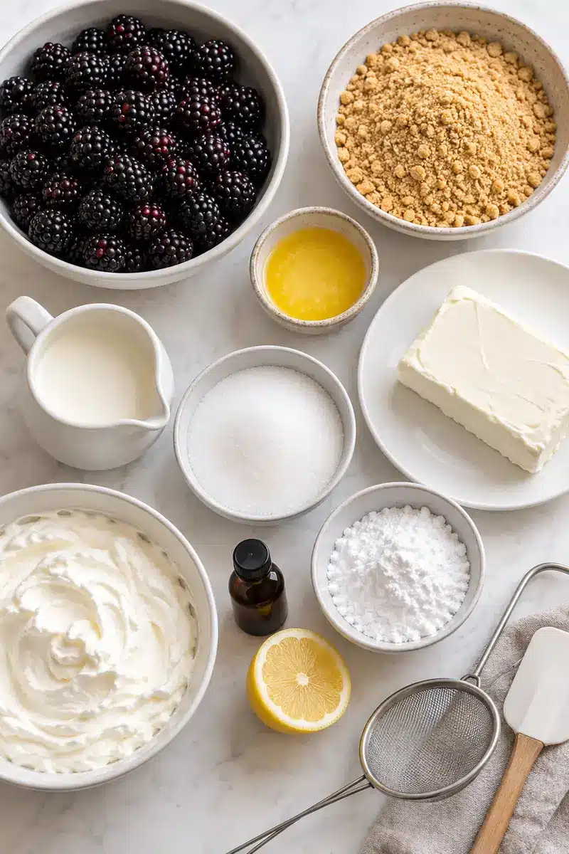 No-Bake Blackberry Cheesecake Cups 3 Blackberries, graham crumbs, butter, cream cheese, cream and two sugars in plain bowls beside a sieve