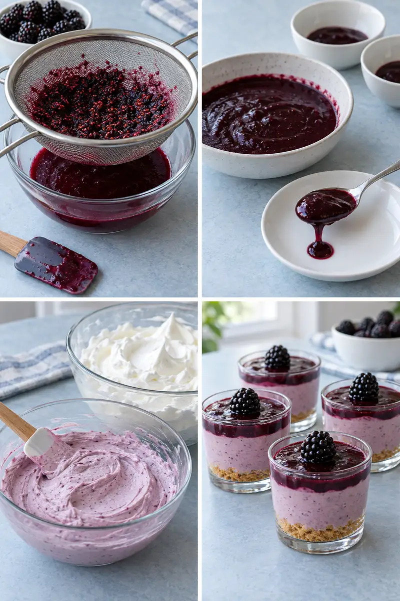No-Bake Blackberry Cheesecake Cups 4 Four panels showing seed straining, cooled thick blackberry sauce, purple cream cheese with whipped cream and layered cups