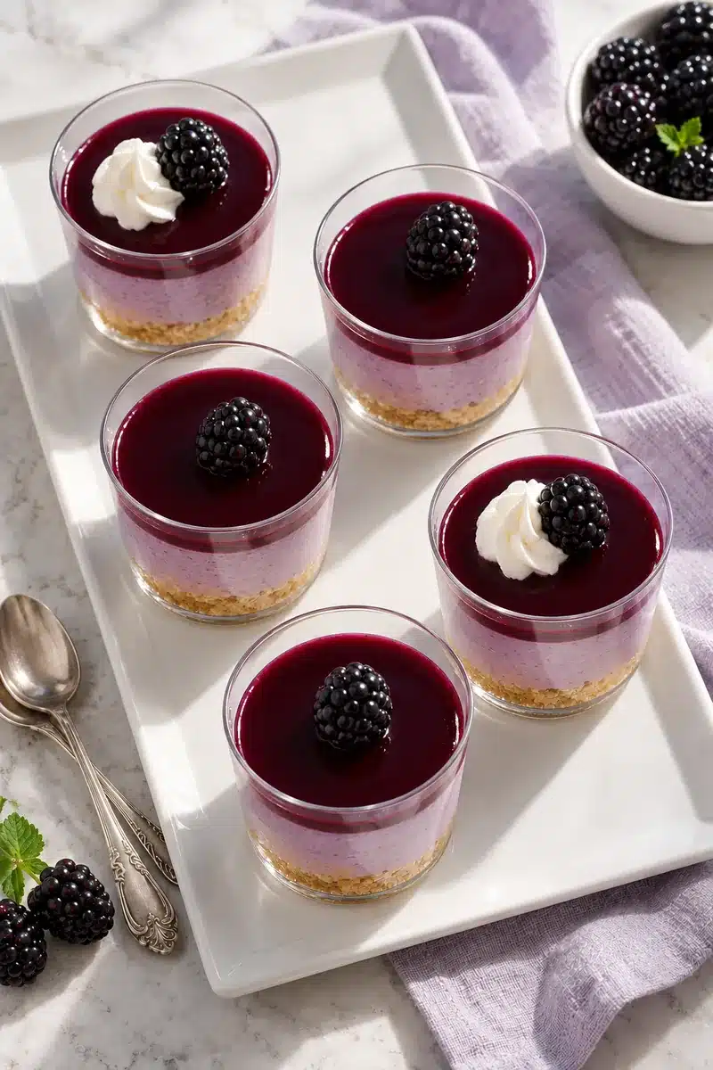 No-Bake Blackberry Cheesecake Cups 6 Five purple berry dessert cups on a white tray with fresh blackberries and small dessert spoons