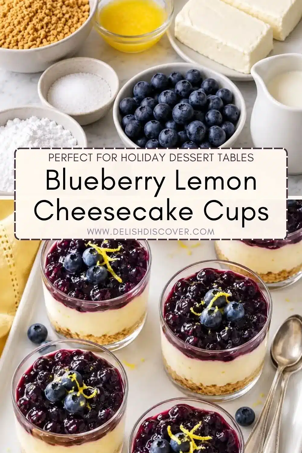 Individual blueberry lemon cheesecake cups arranged on a serving tray, showing golden graham cracker bases, creamy lemon filling, and glossy blueberry sauce topped with fresh berries and lemon zest.
