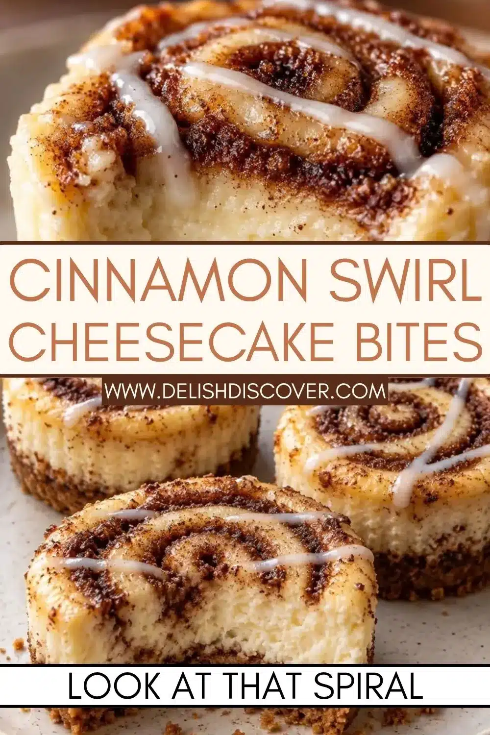 Mini cheesecakes with dark cinnamon spirals and thin white glaze, including a close-up cut cake showing the creamy center and crumb crust.