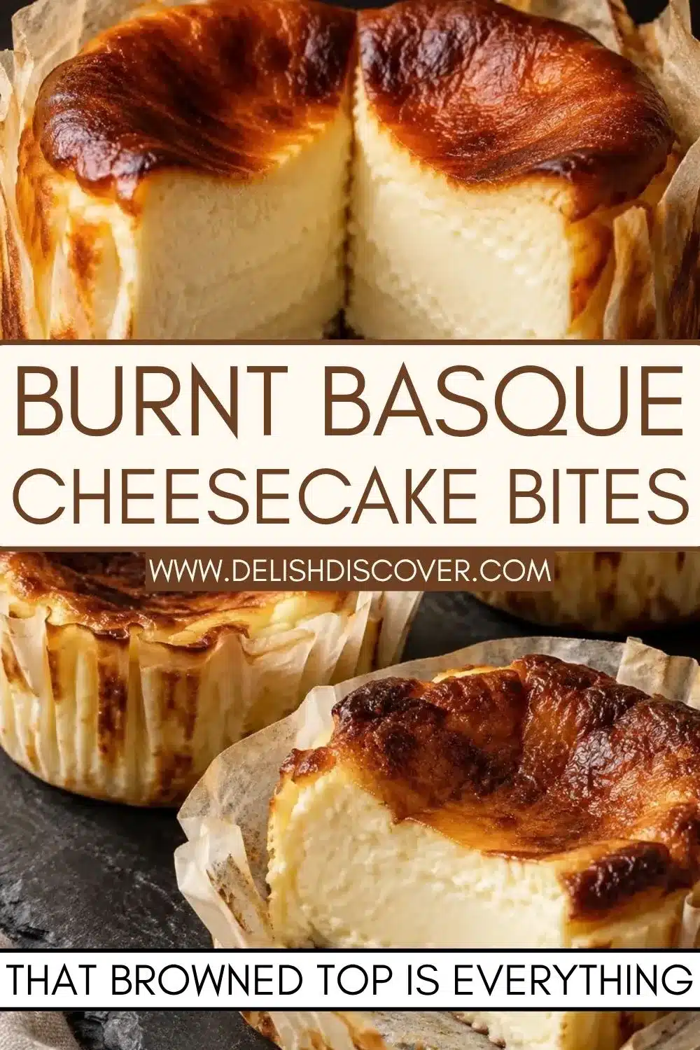 Small parchment-wrapped cheesecakes with dark golden tops, including one cut open to reveal a pale creamy center.