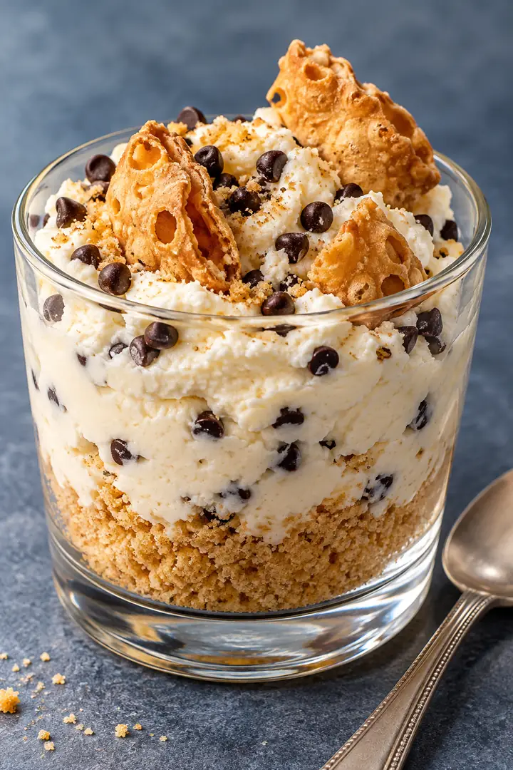 No-Bake Cannoli Cheesecake Cups with Ricotta 5 Fine-textured ivory cheesecake filling dotted with tiny chocolate chips beside bubbled golden pastry pieces in an intact glass