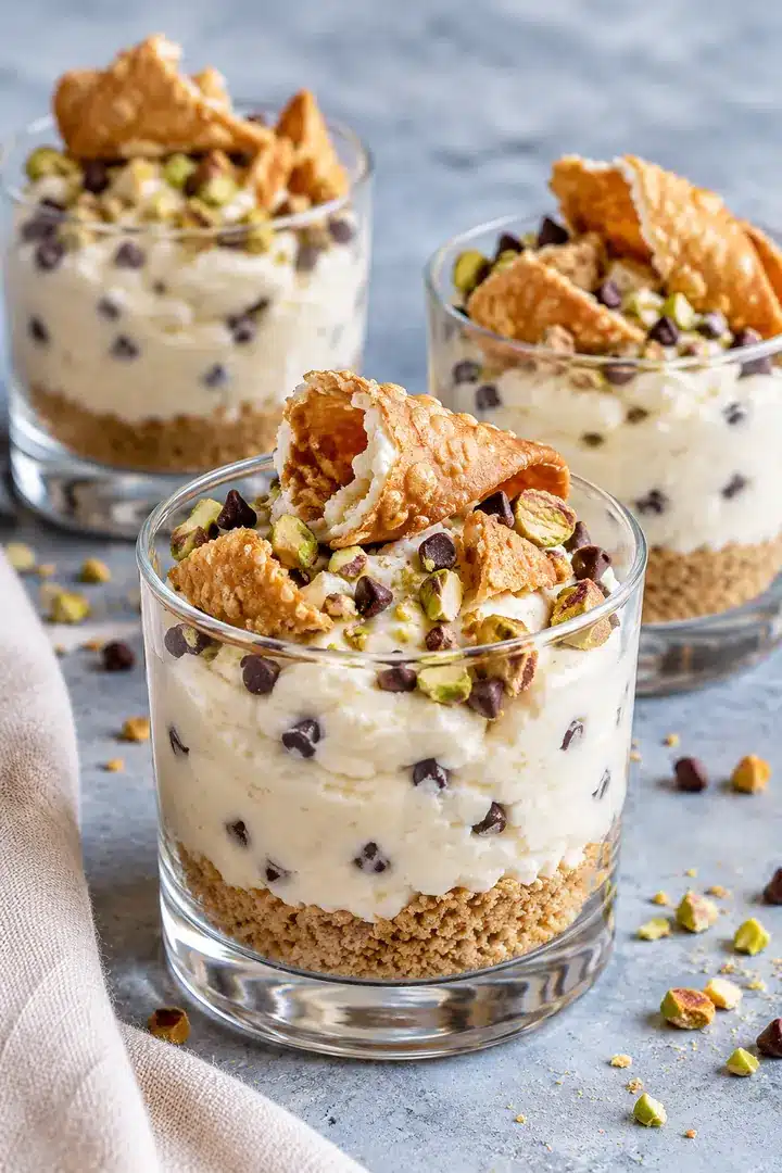 No-Bake Cannoli Cheesecake Cups with Ricotta 1 Cannoli cheesecake cups with golden cookie crumbs, ricotta filling, mini chocolate chips and crisp shell pieces