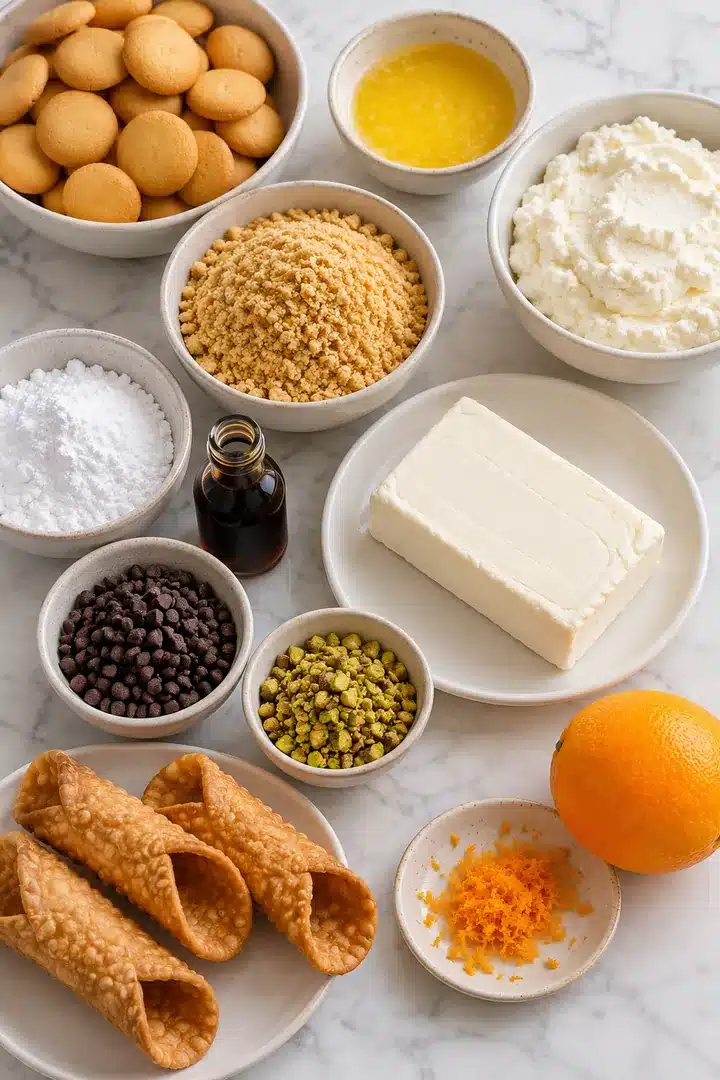 No-Bake Cannoli Cheesecake Cups with Ricotta 3 Vanilla wafers, butter, ricotta, cream cheese, powdered sugar, mini chips, cannoli shells, pistachios and orange in plain vessels