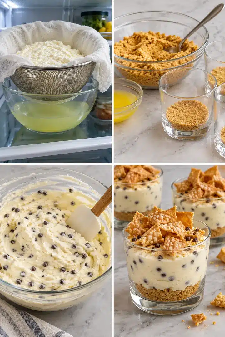 No-Bake Cannoli Cheesecake Cups with Ricotta 4 Four panels showing lined ricotta strainer, cookie crumb bases, chip-dotted cheese filling and cups with shell topping