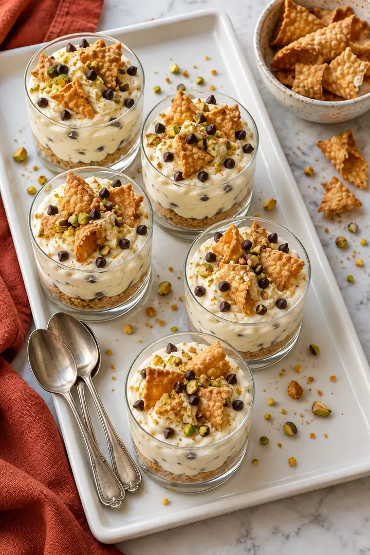 No-Bake Cannoli Cheesecake Cups with Ricotta 6 Individual dessert glasses on a serving tray with pastry garnish, small spoons and a separate bowl of dry shell pieces