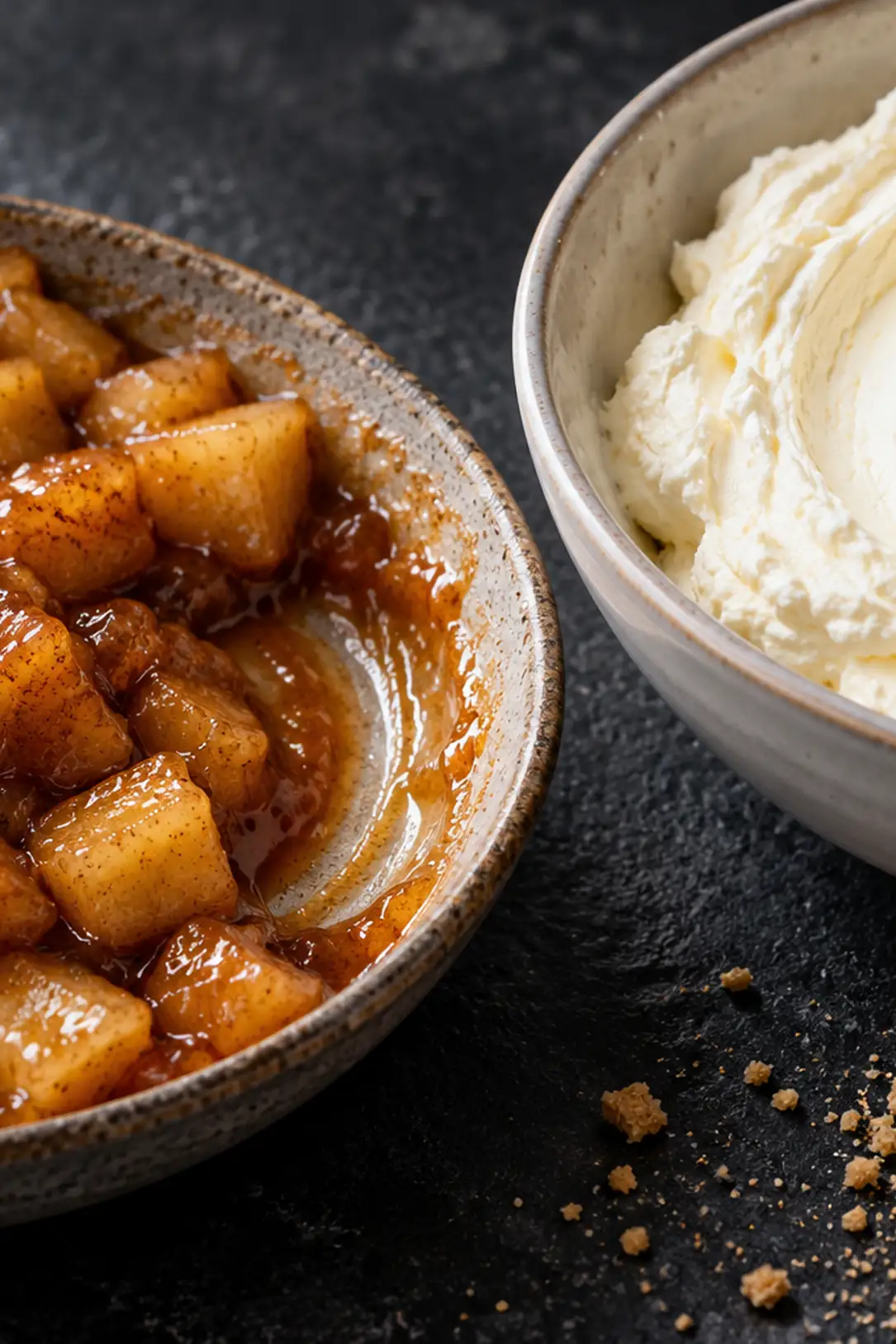 Close view of cooled cinnamon apple pieces in a thick glaze beside fluffy cheesecake filling