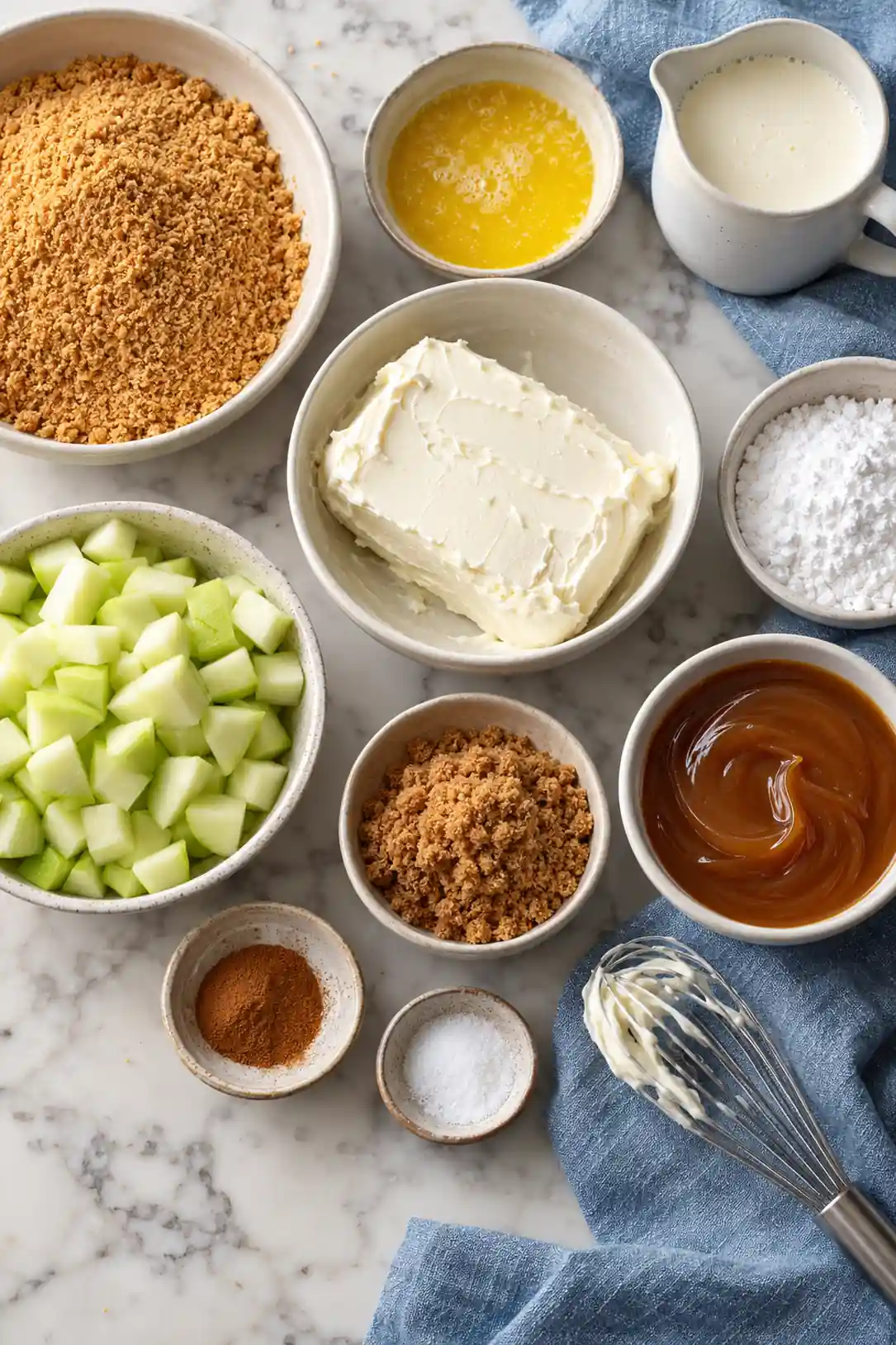 Graham crumbs, cream cheese, heavy cream, Granny Smith apples, cinnamon, and caramel in plain bowls