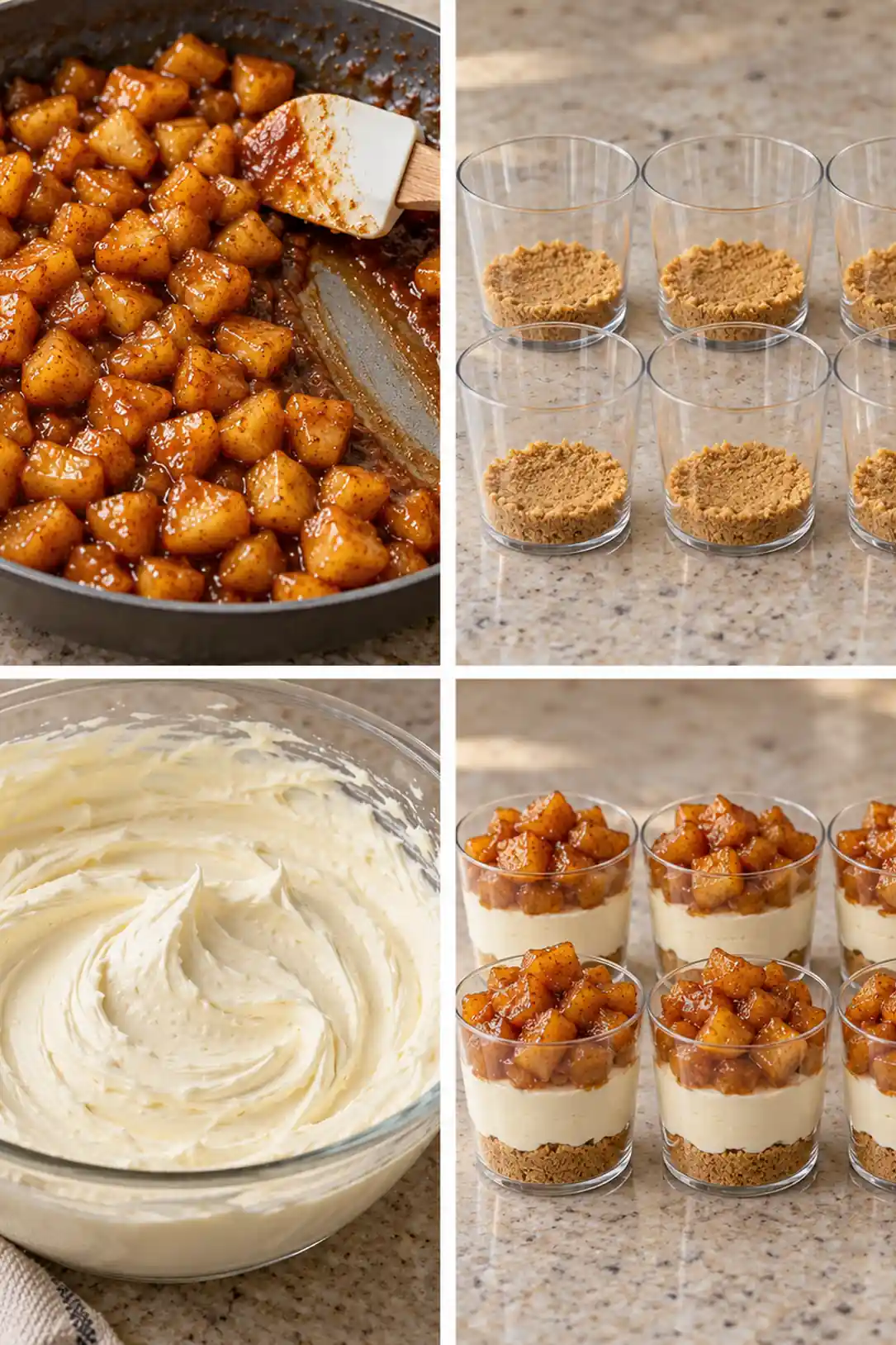 Four panels showing glazed cinnamon apples, graham crumb cups, whipped cheesecake filling, and layered dessert cups