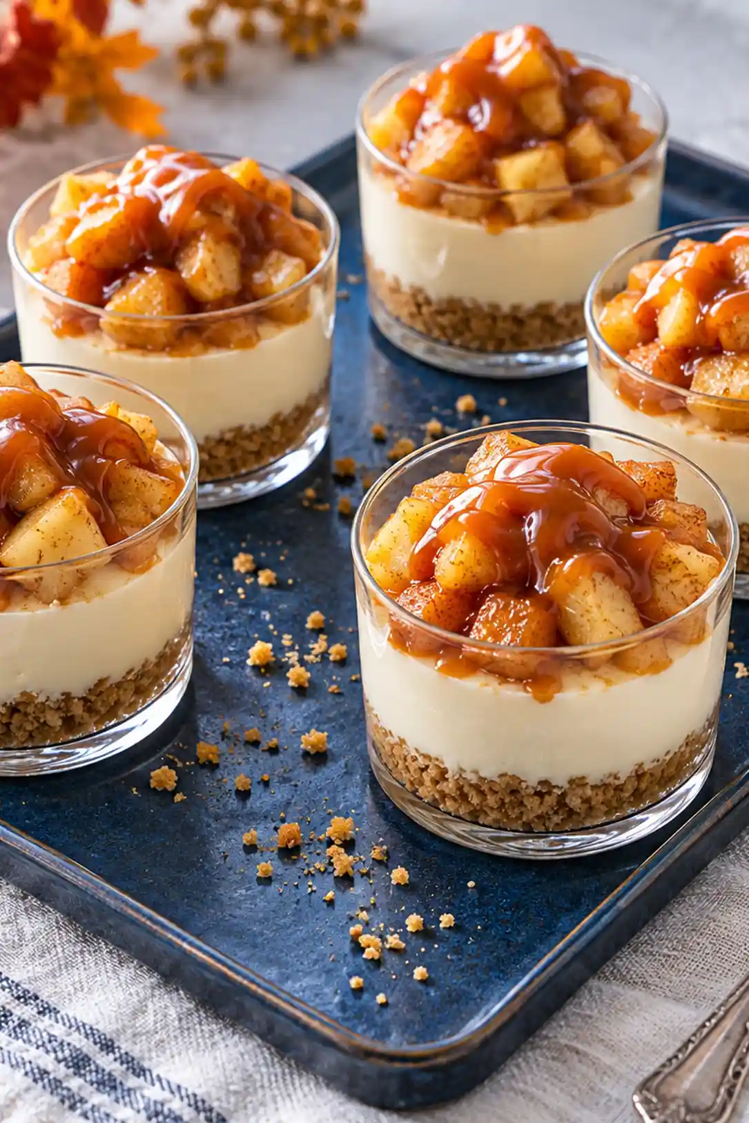 Individual clear cheesecake cups topped with cinnamon apples and thick caramel for serving