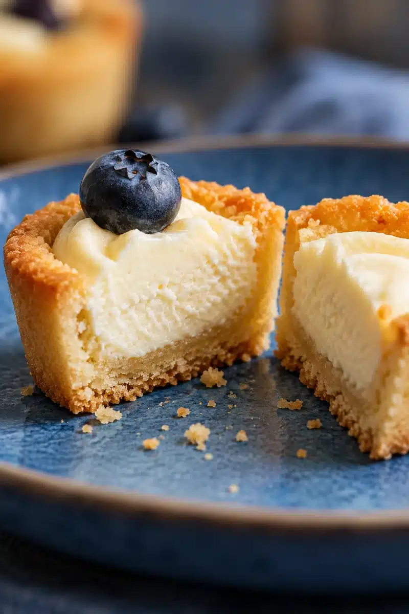 Cheesecake Cookie Cups with Vanilla Cheesecake Filling 5 Cut cookie cup showing vanilla cheesecake inside golden walls and an intact thin cookie base