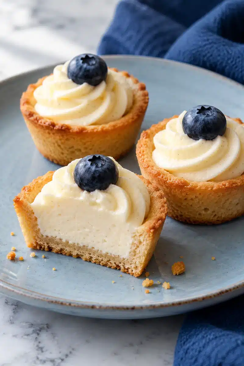 Cheesecake Cookie Cups with Vanilla Cheesecake Filling 1 Cheesecake cookie cups with golden sugar cookie shells, vanilla filling and a blueberry garnish