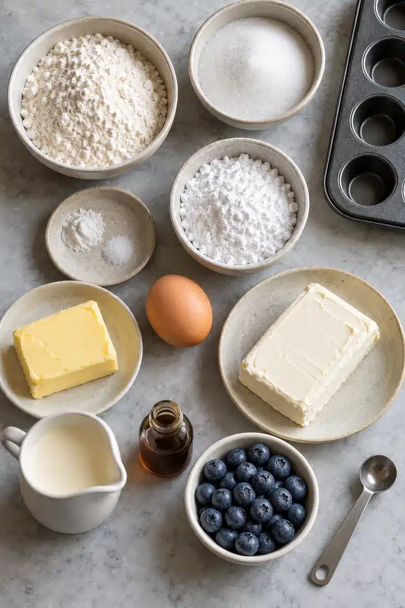 Cheesecake Cookie Cups with Vanilla Cheesecake Filling 3 Flour, butter, sugar, egg, cream cheese, powdered sugar, cream, vanilla and blueberries beside a mini muffin pan