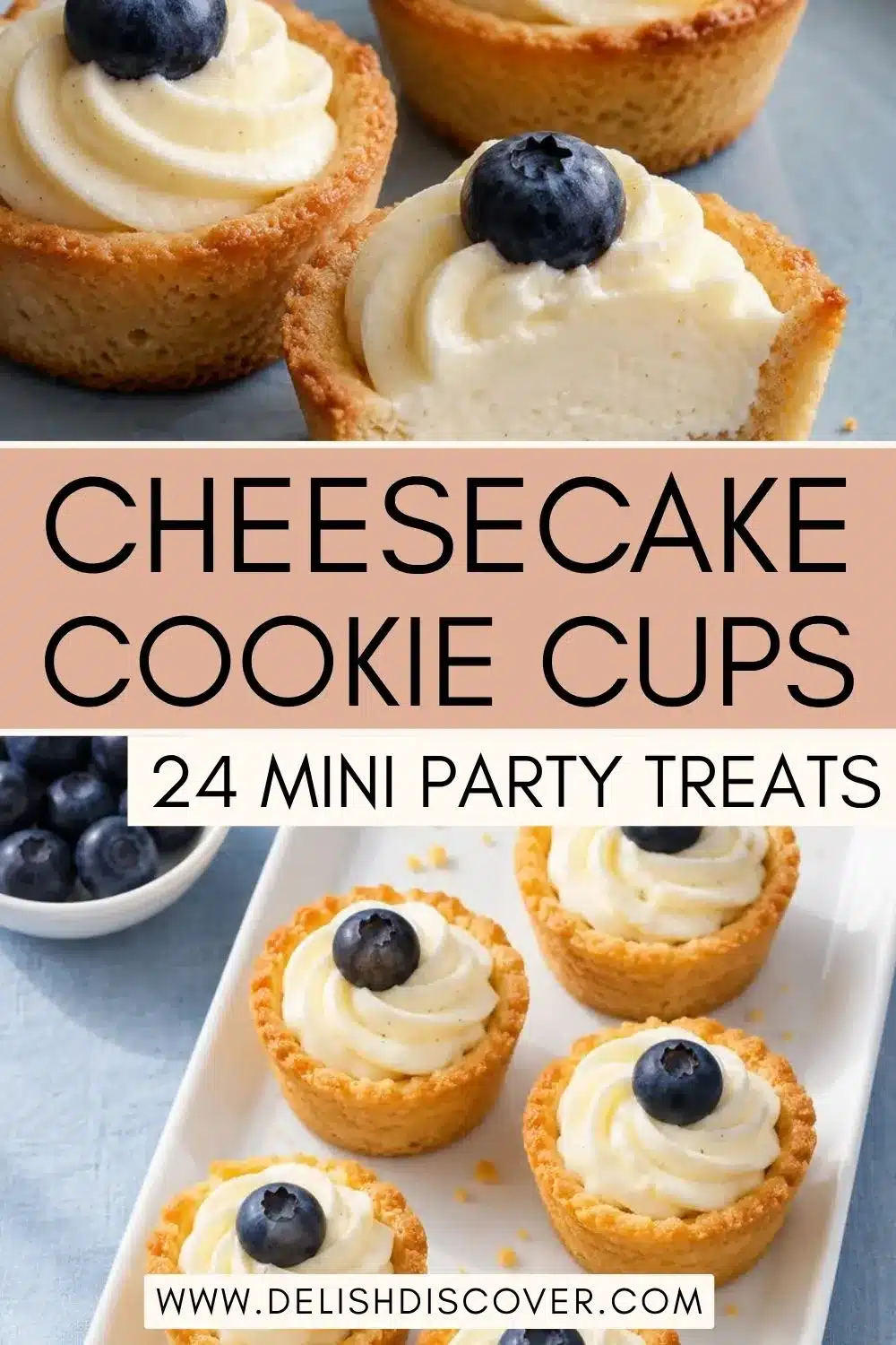 Mini golden sugar cookie cups filled with swirls of vanilla cheesecake and topped with fresh blueberries, arranged on a white serving platter.