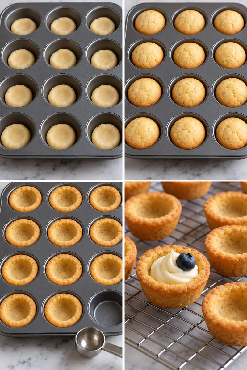 Cheesecake Cookie Cups with Vanilla Cheesecake Filling 4 Four panels showing portioned dough, puffed baked centers, pressed hollows and cooled cookie shells ready to fill