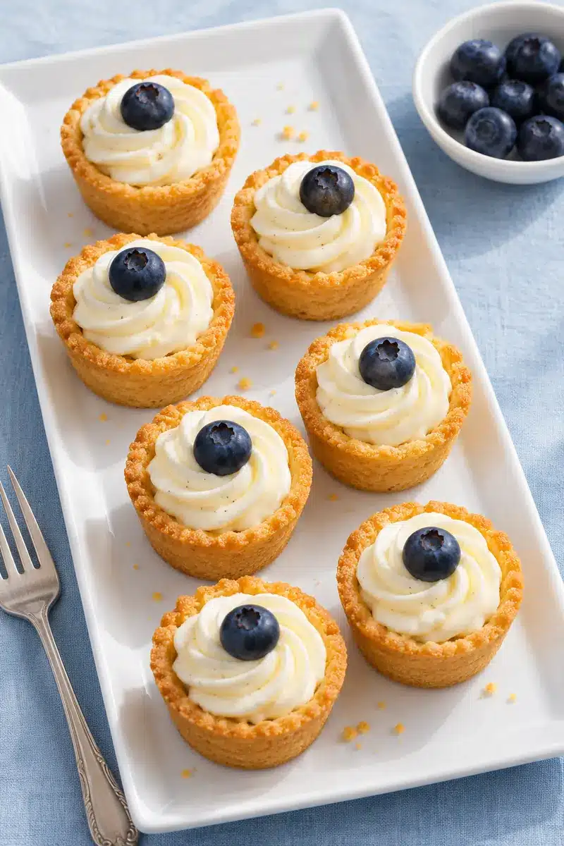Cheesecake Cookie Cups with Vanilla Cheesecake Filling 6 Small golden cookie cups with vanilla swirls and blueberries on a white serving platter