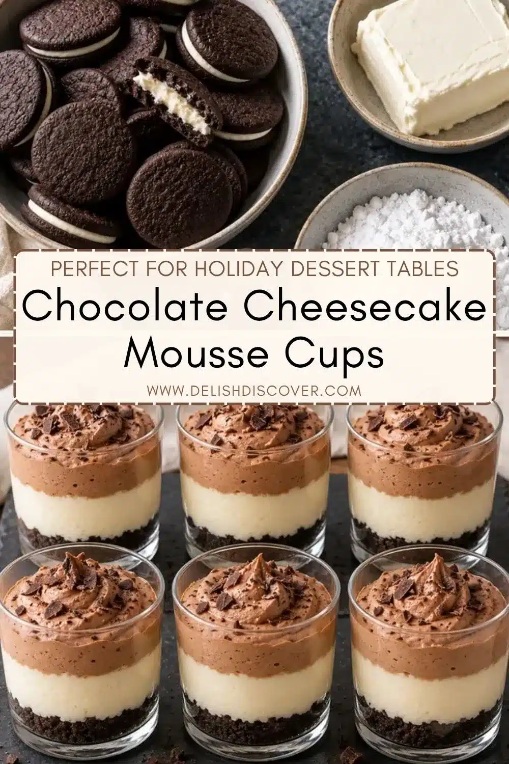 Six clear dessert cups arranged in rows, showing dark cookie crumbs, pale vanilla cheesecake filling, and chocolate mousse topped with chocolate shavings, with baking ingredients above.