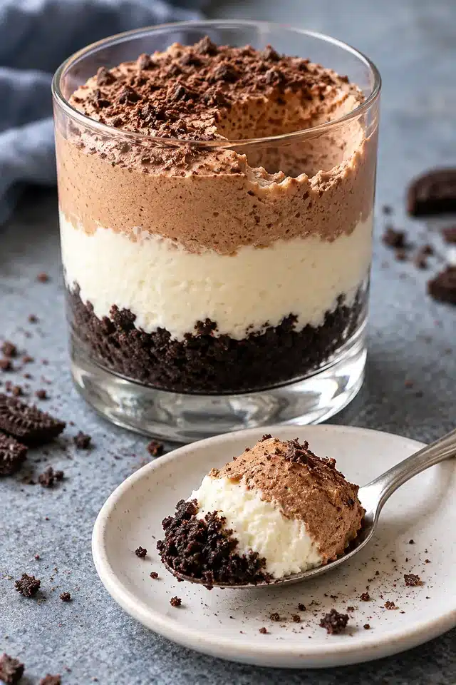 A spoonful of cookie crumbs, pale cheesecake, and airy chocolate mousse beside an intact clear dessert cup