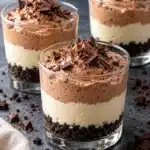 Chocolate mousse cheesecake cups with dark cookie crumbs, a pale vanilla cheesecake layer, and airy chocolate mousse in clear glasses