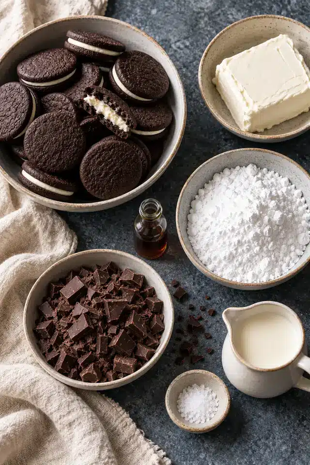 Chocolate sandwich cookies, cream cheese, powdered sugar, vanilla, semisweet chocolate, cream, and salt in plain bowls