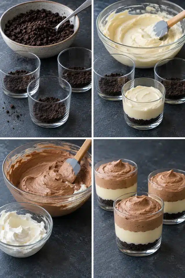 Four panels show loose cookie crumbs, smooth pale cheesecake, folded chocolate mousse, and layered clear dessert cups