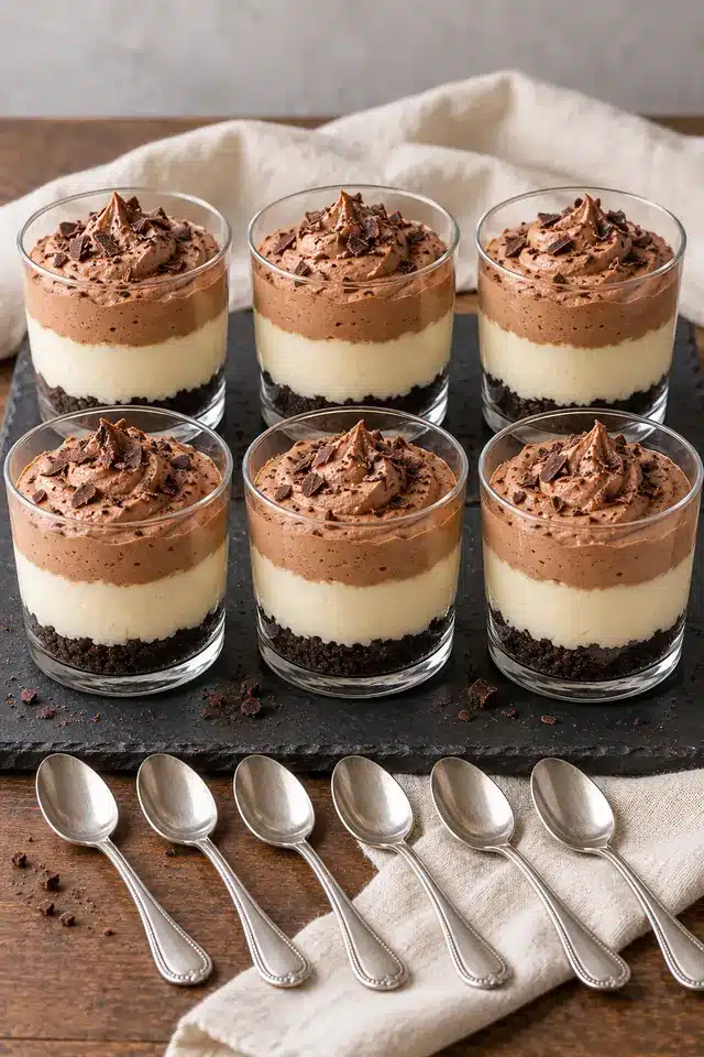 Six clear layered dessert cups arranged for serving with a modest chocolate shaving garnish
