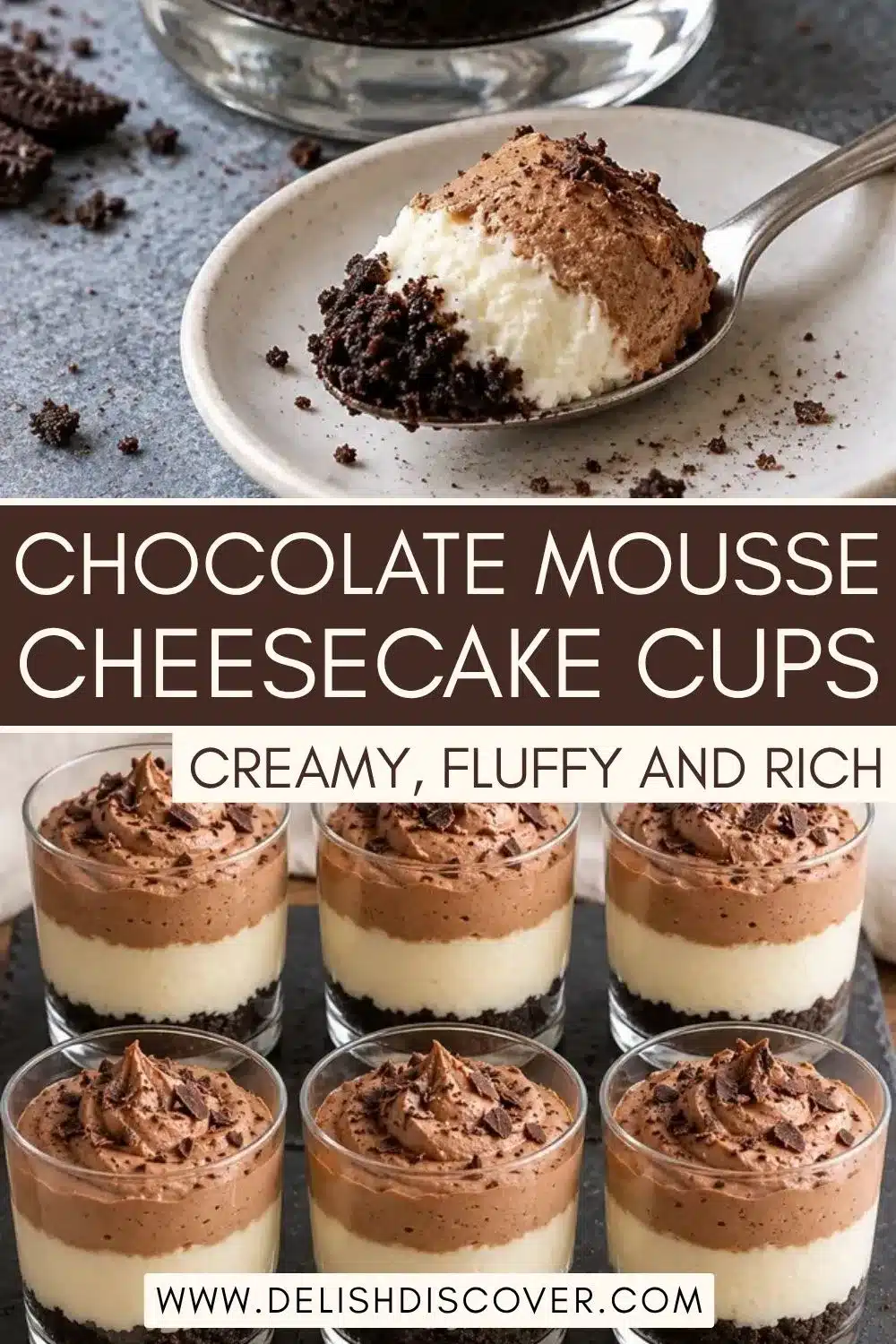 Spoonful of layered chocolate mousse, white cheesecake filling, and dark cookie crumbs above a plate, with six individual chocolate cheesecake cups arranged below.