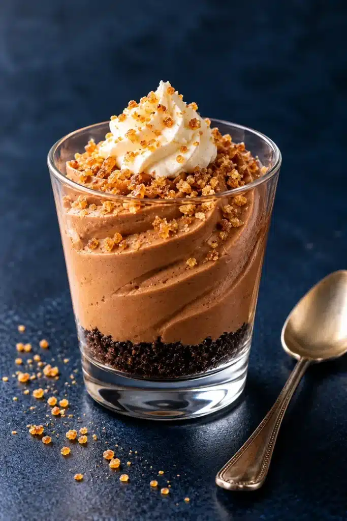 Fine golden toffee pieces on cocoa cheesecake ridges and a small cream swirl in an intact clear cup