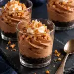 Chocolate toffee cheesecake shooters with dark cookie crumbs, cocoa filling, small cream swirls and golden toffee bits