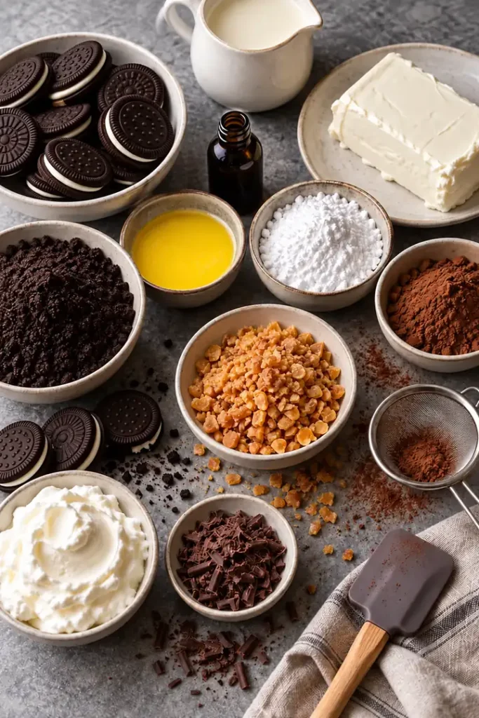 Chocolate sandwich cookies, cream cheese, cocoa, powdered sugar, cream, butter, vanilla and plain toffee bits in unmarked bowls