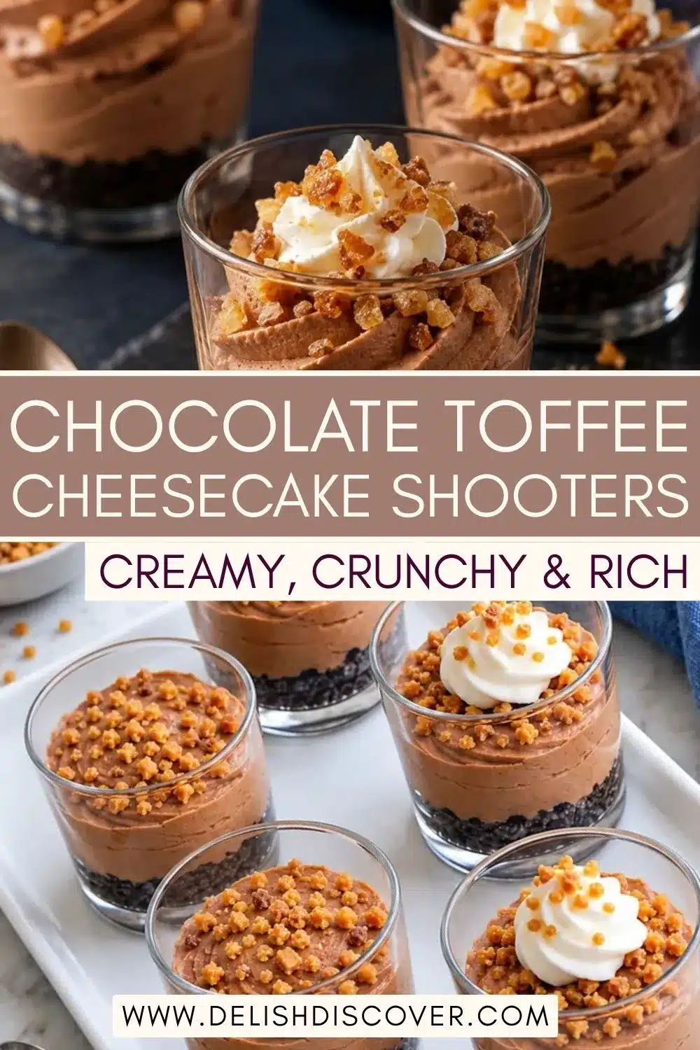 Small glass dessert shooters arranged on a white tray with dark chocolate cookie bases, smooth cocoa cheesecake filling, crunchy toffee pieces, and whipped cream.