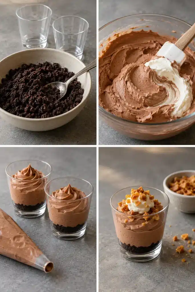 Four panels showing buttery cookie crumbs, folded cocoa filling, piped dessert cups and a final toffee garnish