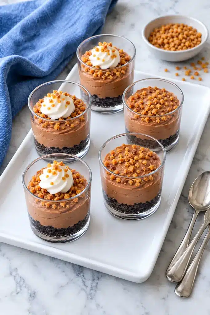 Five small chocolate cheesecake cups with golden toffee on a white tray beside narrow dessert spoons