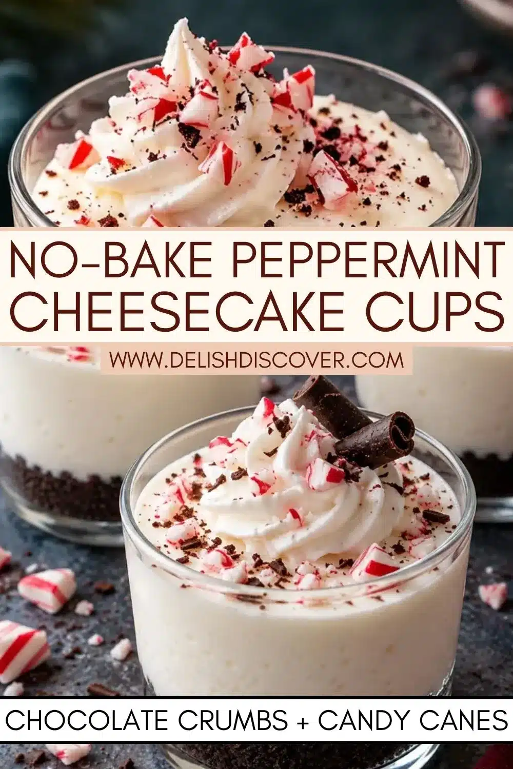 Clear dessert glasses filled with dark chocolate cookie crumbs and creamy white mint filling, finished with whipped cream swirls, crushed red-and-white candy canes, and chocolate curls.