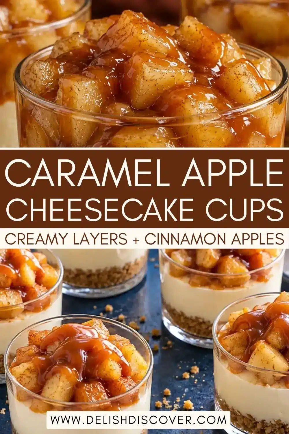 Several clear dessert glasses filled with golden graham cracker crumbs, pale cheesecake filling, and glossy cinnamon apple pieces finished with thick caramel sauce.