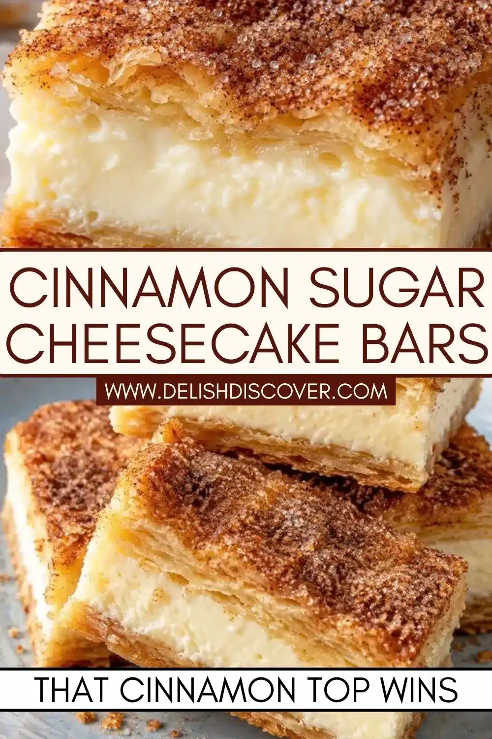 Stacked cheesecake bars with sparkling cinnamon-sugar tops, flaky pastry layers, and smooth cream cheese filling.