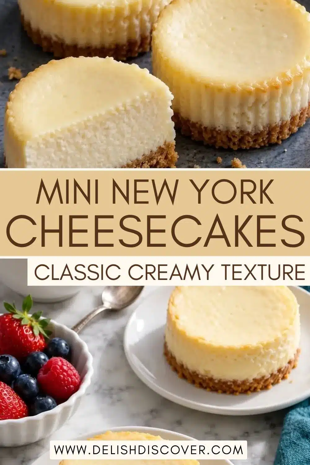 Several plain mini cheesecakes with smooth pale tops and golden graham bases, served beside a bowl of strawberries, blueberries, and raspberries.