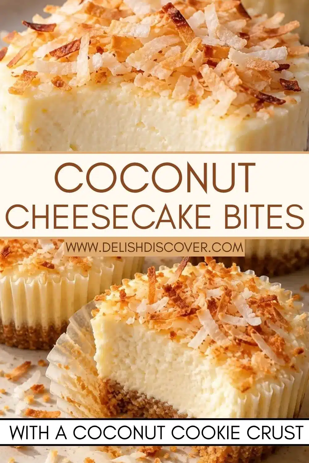 A cut-open mini cheesecake with a creamy pale center, golden coconut flakes on top, and a brown cookie-coconut crust underneath.
