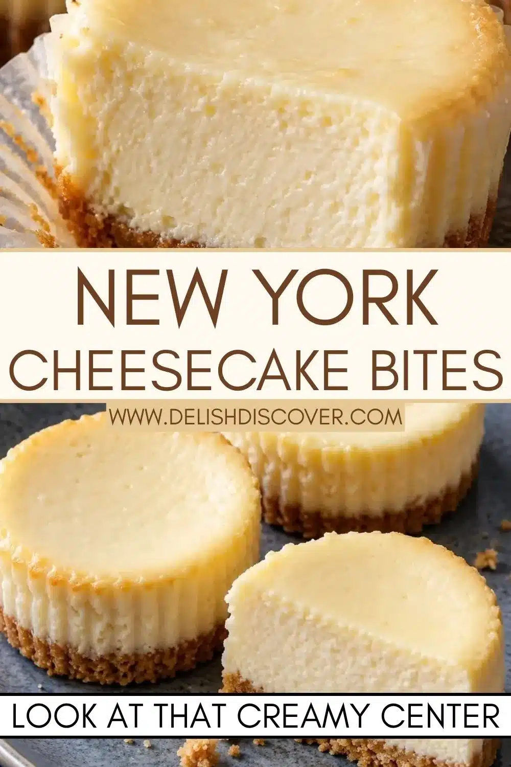 Mini plain cheesecakes with golden edges and thin graham crusts, including one cut open to show the dense creamy center.