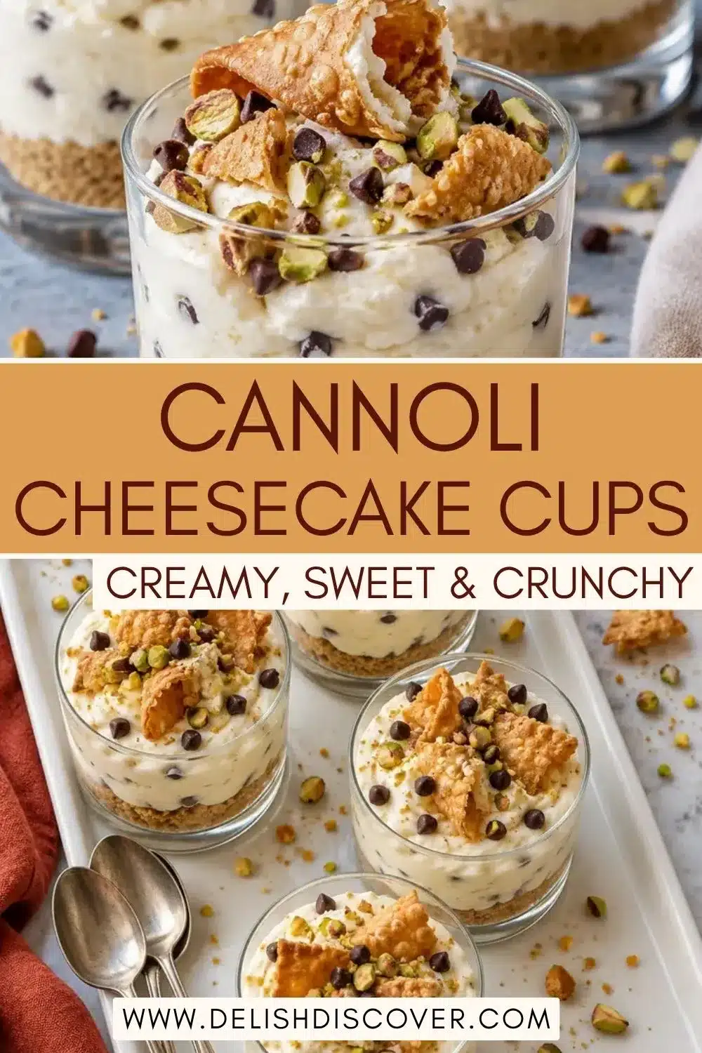 Several clear glasses of cannoli-inspired cheesecake dessert with white creamy filling, golden cookie crumbs, chocolate chips, pistachios, and crisp pastry toppings.