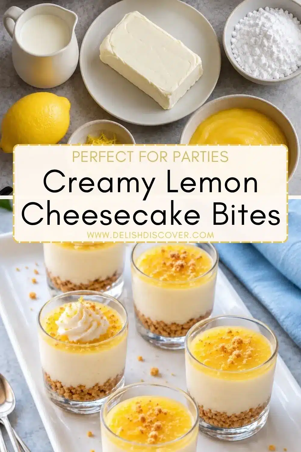 Small shot-glass desserts arranged on a white serving tray, showing graham cracker crumbs, fluffy lemon cream filling, bright yellow topping, and optional whipped cream garnishes.