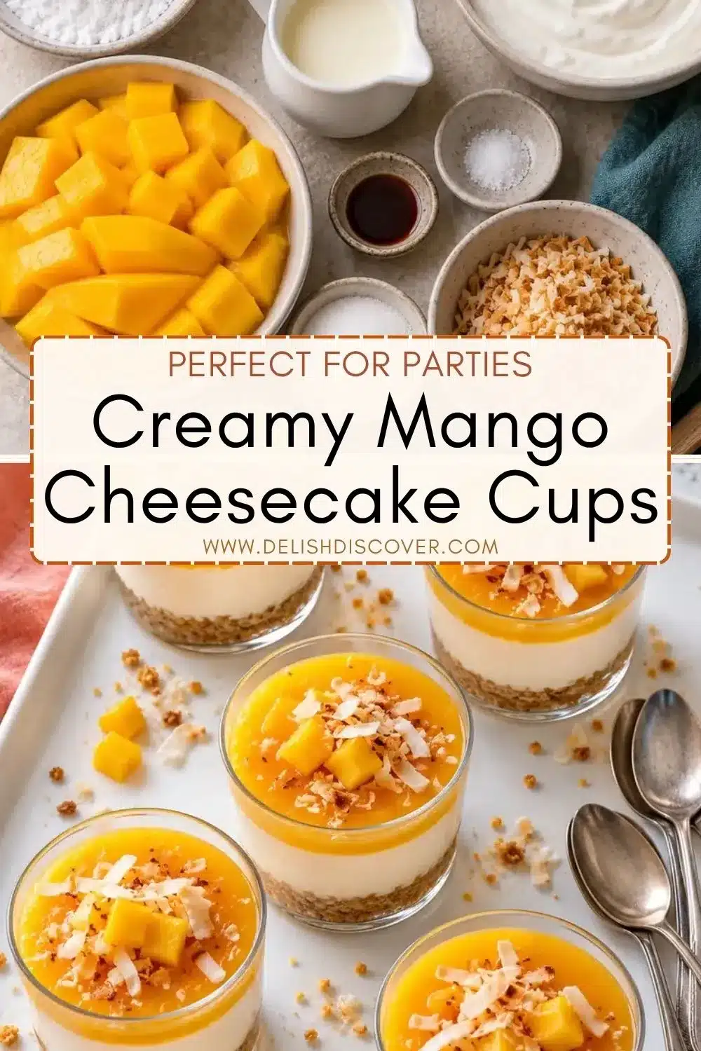 Overhead view of small layered fruit cups on a white party platter, topped with bright yellow mango pieces and golden toasted coconut, with fresh ingredients and spoons nearby.