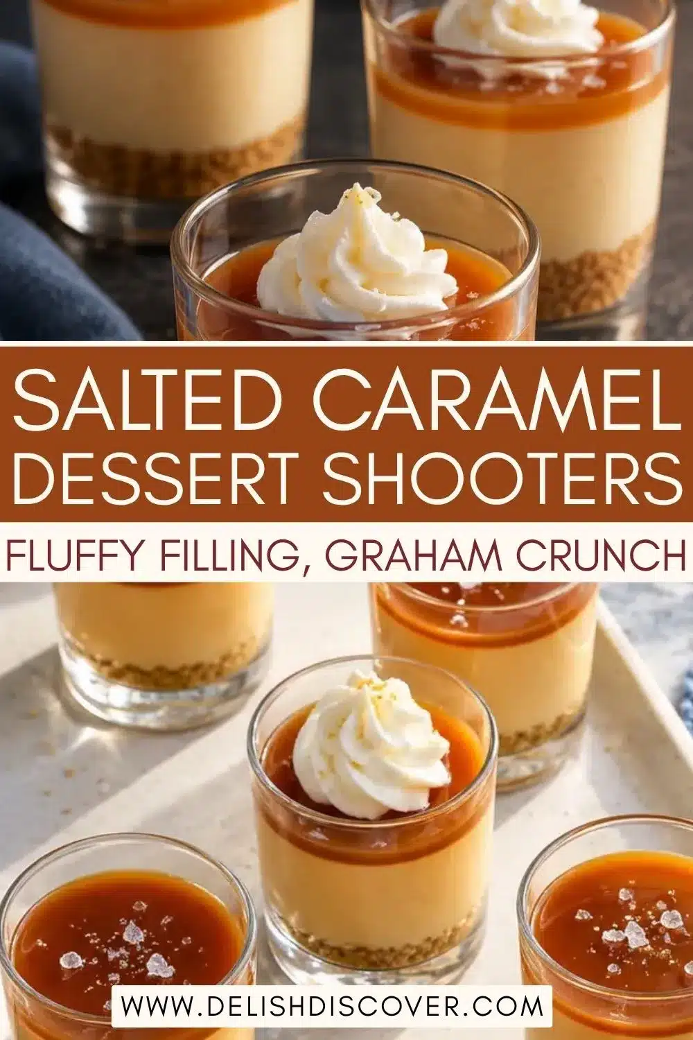 Close-up of small glass dessert cups on a white tray, showing fluffy beige cheesecake layers over golden cookie crumbs, shiny salted caramel topping, and optional whipped cream rosettes.