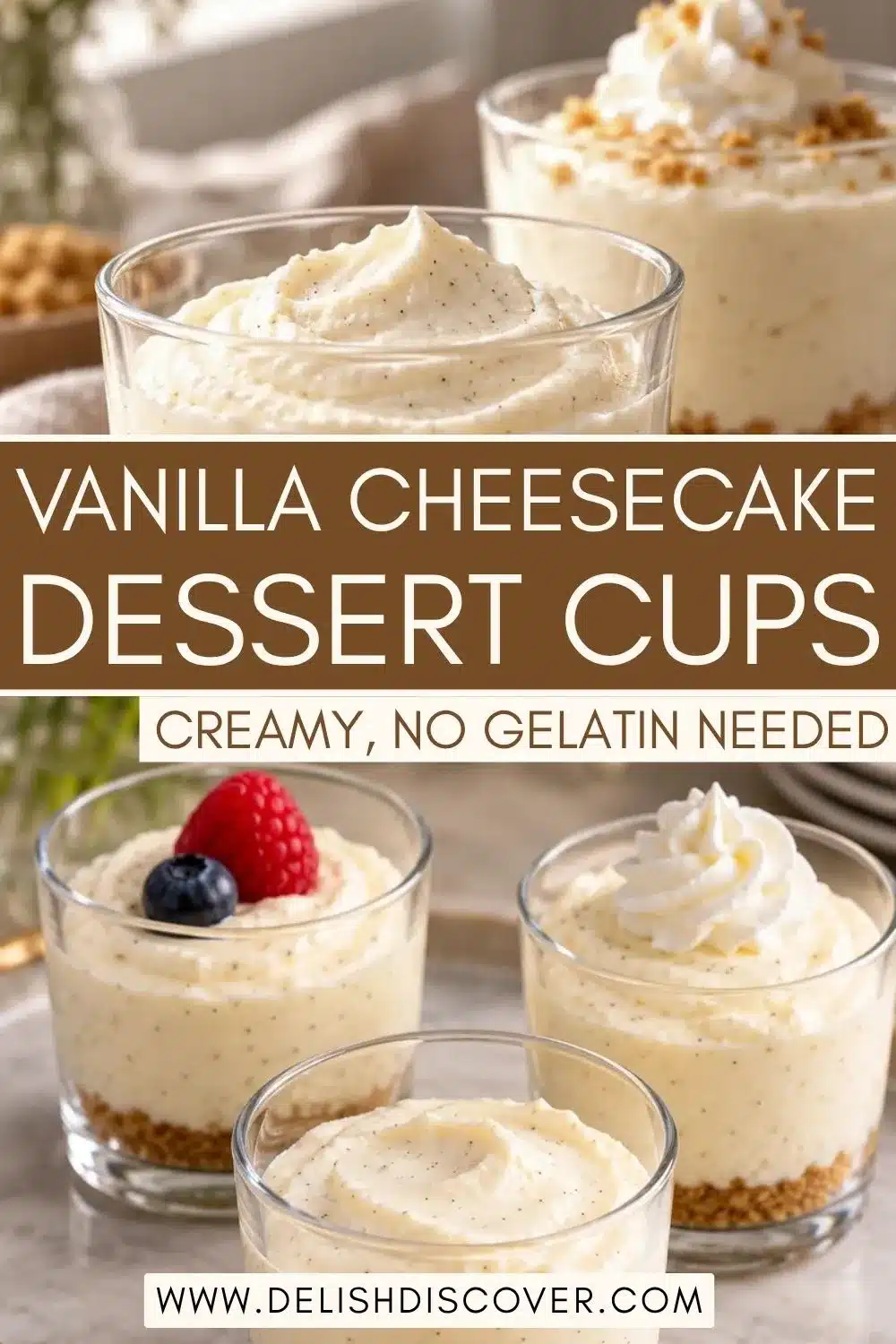 Several small clear glasses on a neutral tabletop display soft ivory cream cheese filling with visible black vanilla specks, golden biscuit crumbs at the bottom, and optional whipped cream or berry toppings.