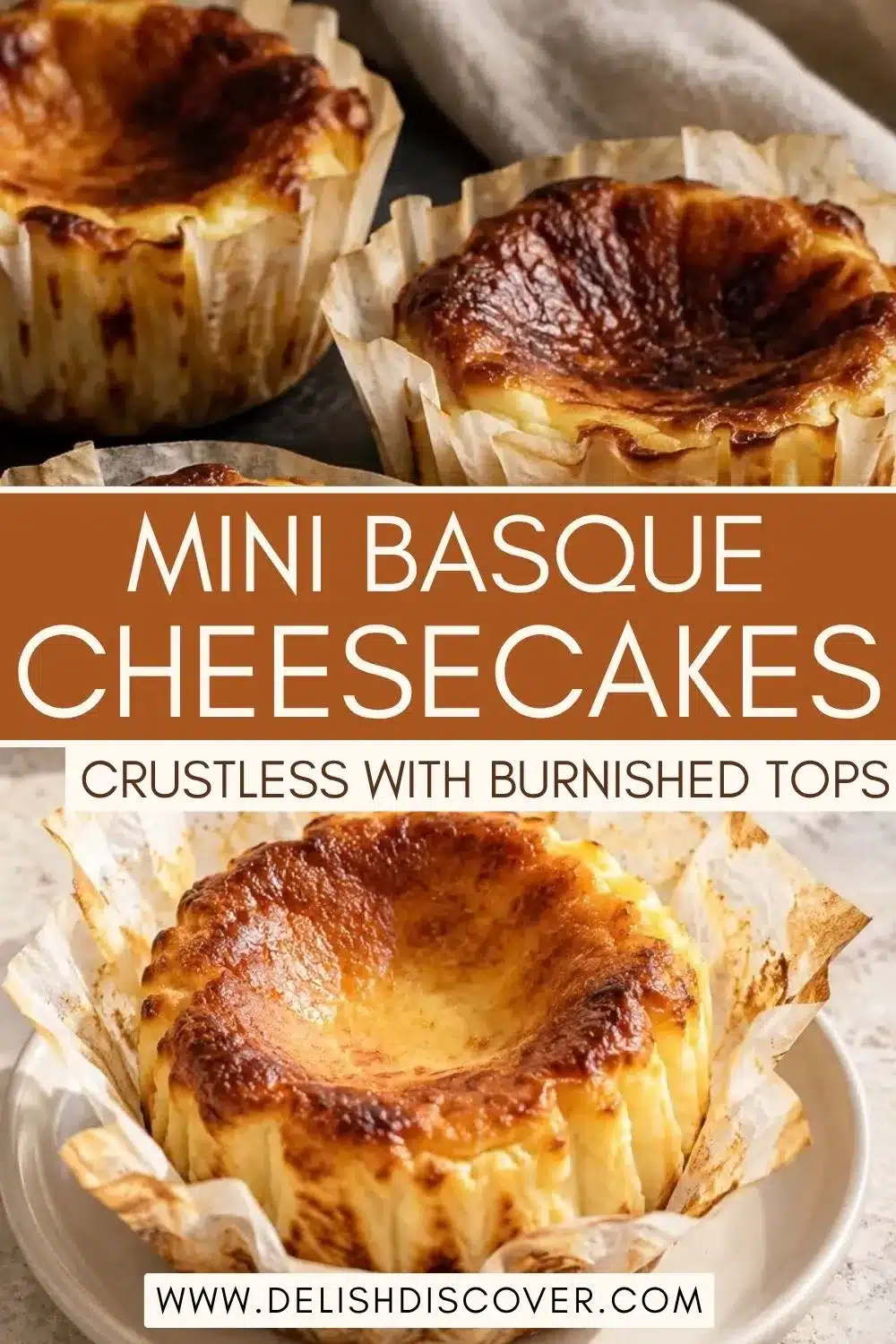 Several small rustic cheesecakes in pleated parchment with dark caramelized tops and pale creamy sides.