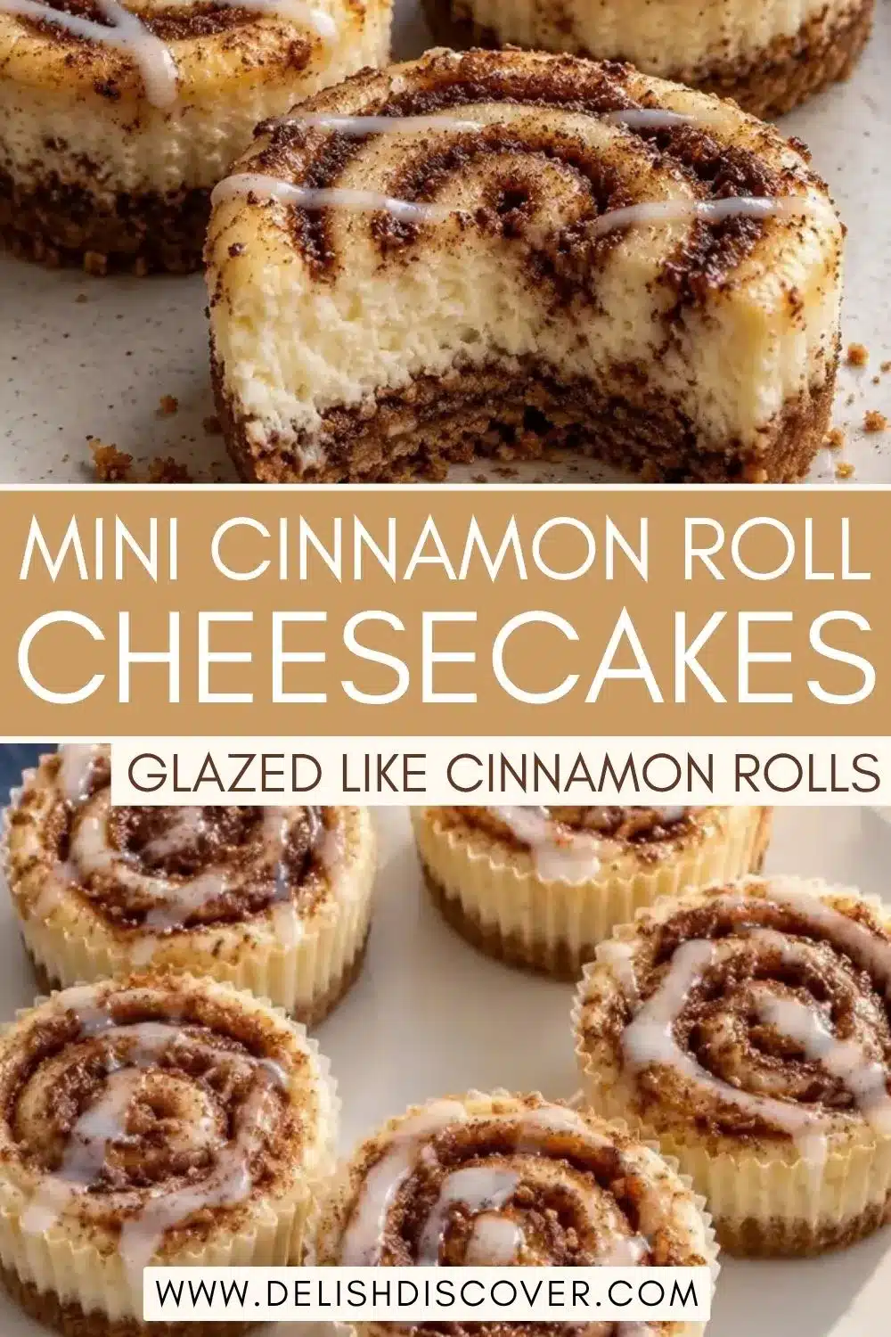 A group of individual cheesecakes topped with visible cinnamon swirls and thin vanilla glaze, with one cut open to show the creamy filling and crumb base.