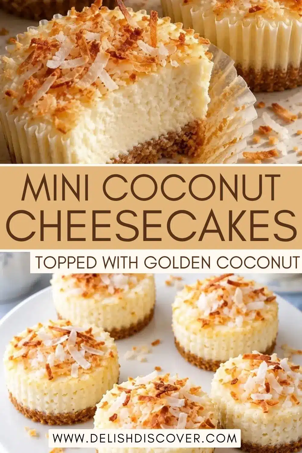 A group of small baked cheesecakes with golden toasted coconut scattered over the tops and thin brown crusts underneath.