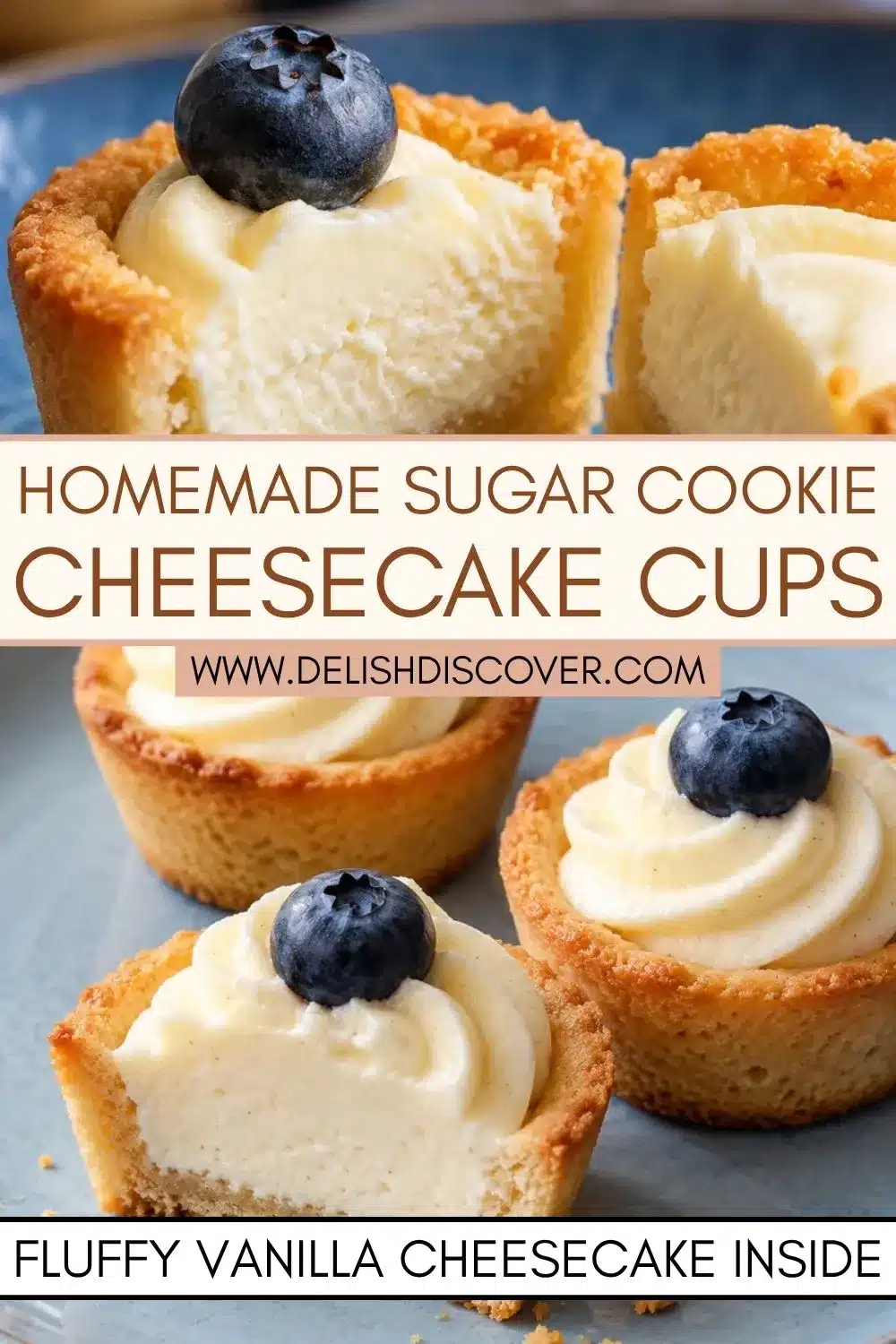 Close-up of golden sugar cookie cups filled with creamy vanilla cheesecake, with one cut open to reveal its fluffy center and blueberry garnish.