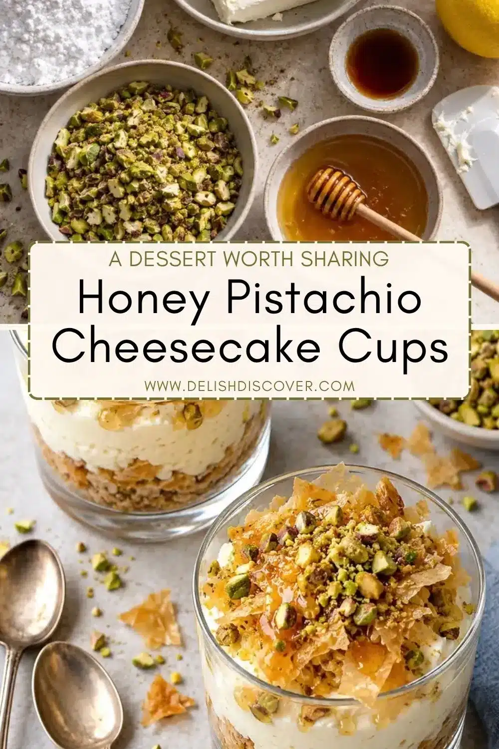 Two clear dessert glasses filled with cheesecake cream, golden flaky phyllo, chopped pistachios, and honey, surrounded by bowls of nuts, cream cheese, and honey.